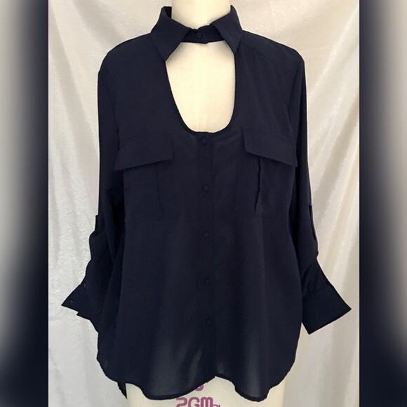 Double Zero Navy Blue Black High Low Semi Sheer Button Shirt M - Picture 10 of 10
